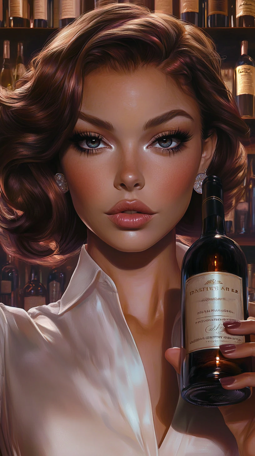 Woman reading a wine bottle in a digital portrait