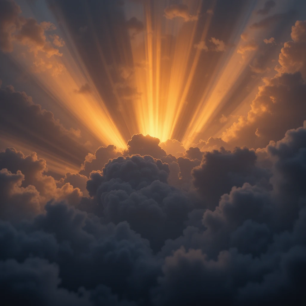 Dramáticos raios de sol crepusculares rompem as nuvens do pôr do sol