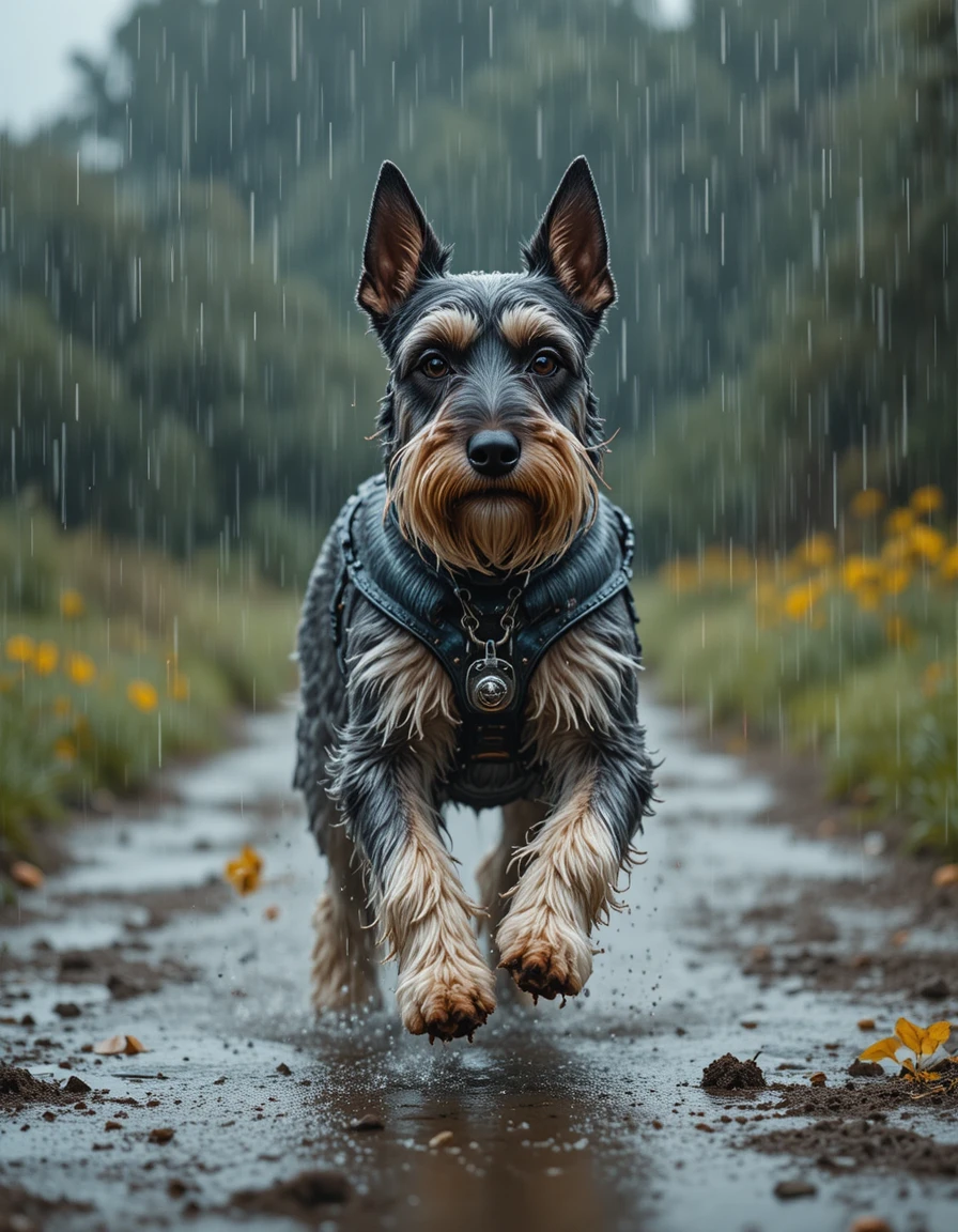 Chien schnauzer guerrier courant sous une forte pluie en extérieur