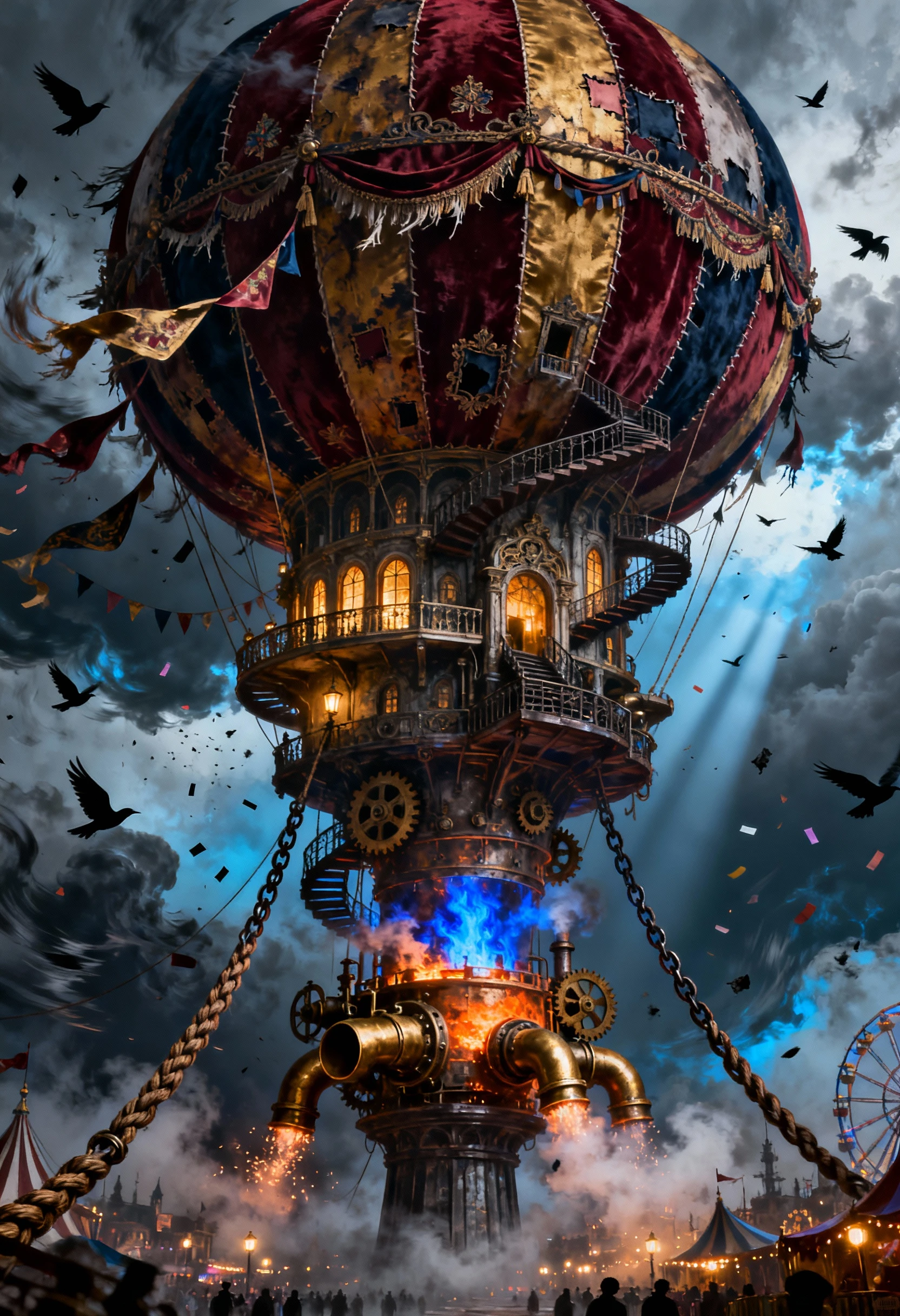 Surrealer Zirkus-Ballon-Turm über einem stürmischen Jahrmarkt