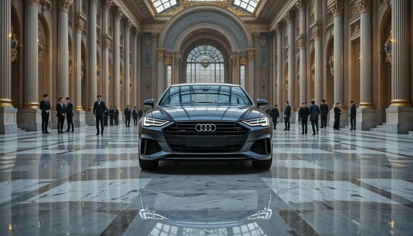 Auto di lusso grigio scuro in una grande sala di palazzo