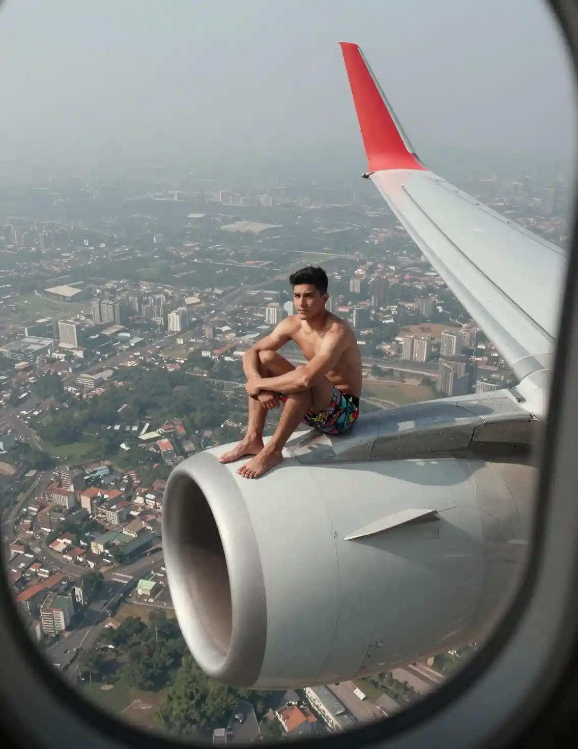 Shirtless man sitting on airplane engine above city