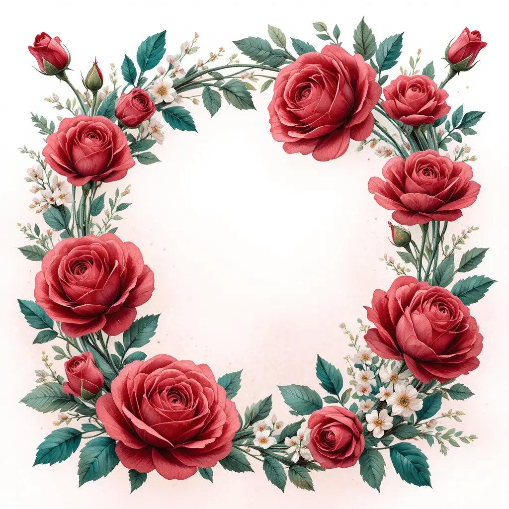 Marco vectorial romántico de rosas rojas y hojas esmeralda
