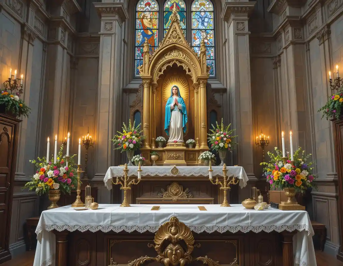 Ornate Church Altar With Virgin Mary Statue And Candlelight