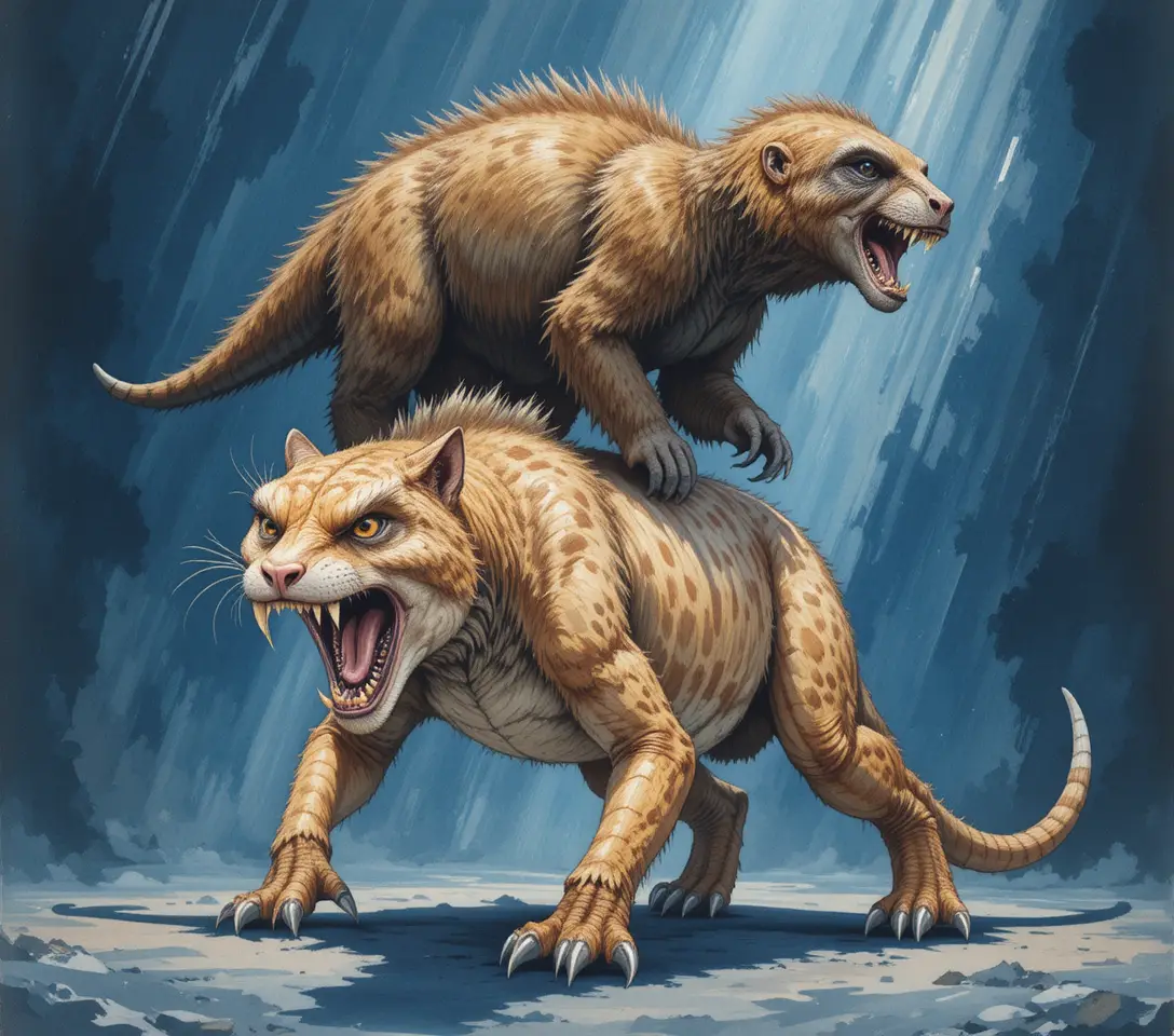 サーベルタイガーと巨大ナマケモノのドラマチックなイラスト