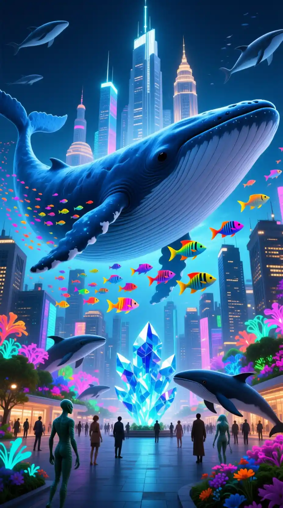 Bioluminescent city built across the back of a whale