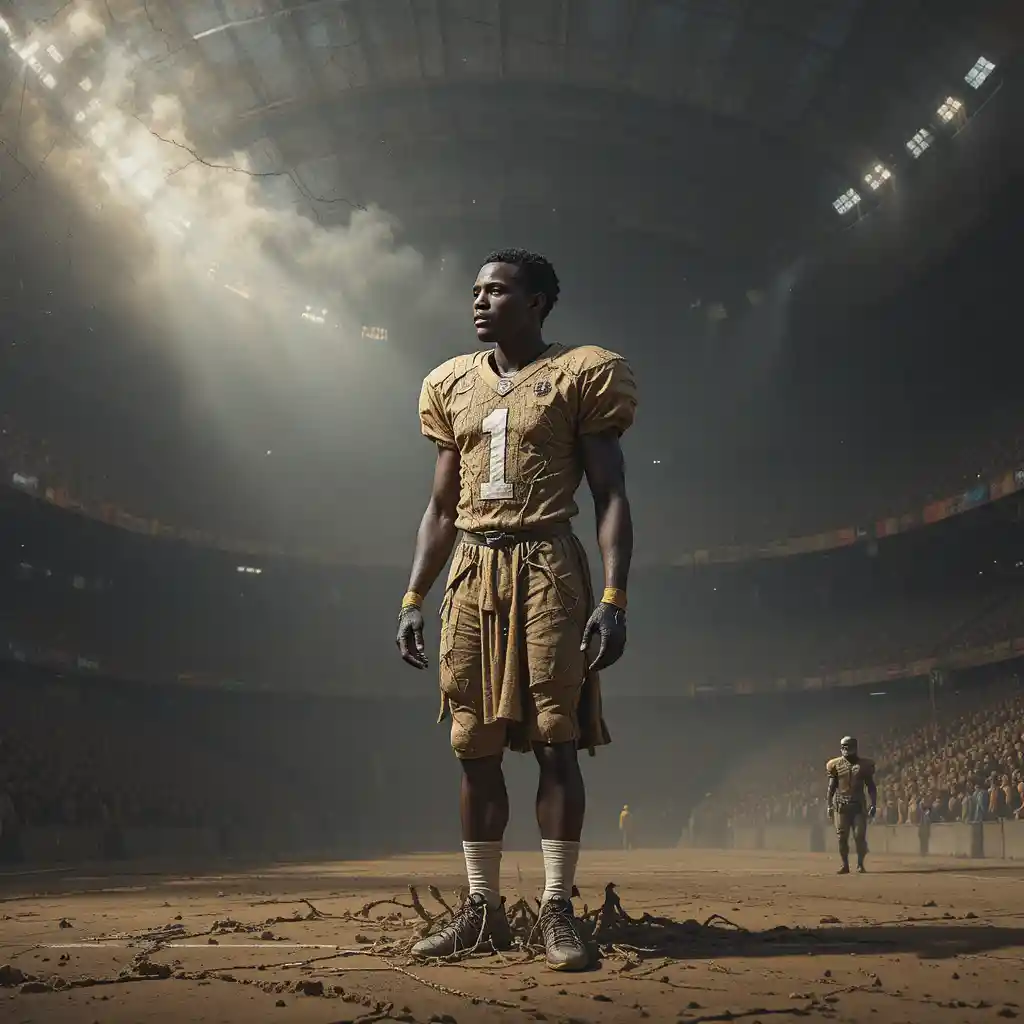 Lone American football player in a dark stadium arena