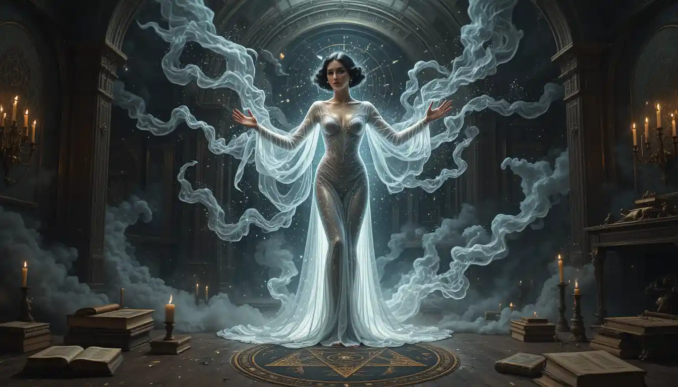 Donna vintage art déco in una scena cosmica stellata