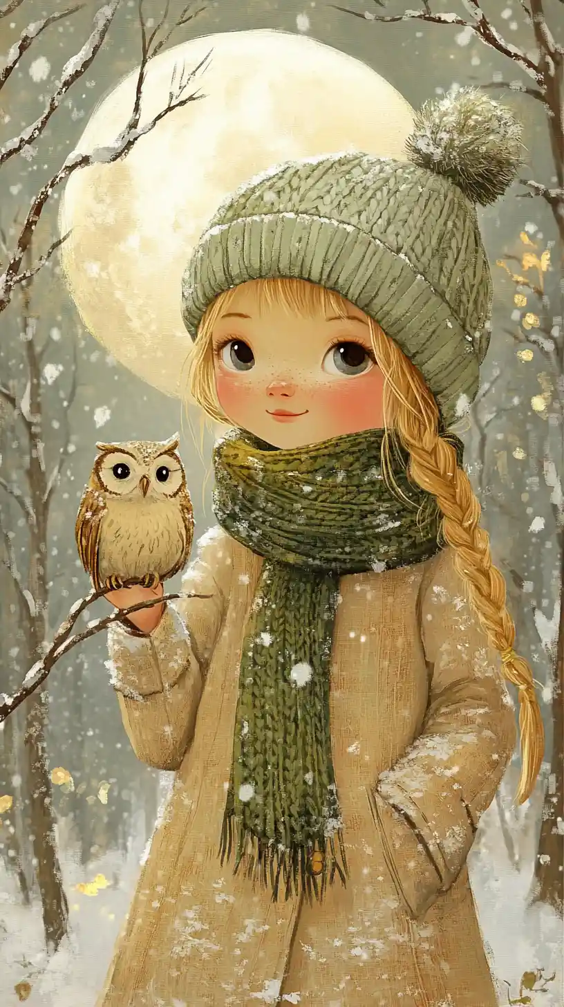 Little girl with owl in a snowy moonlit forest