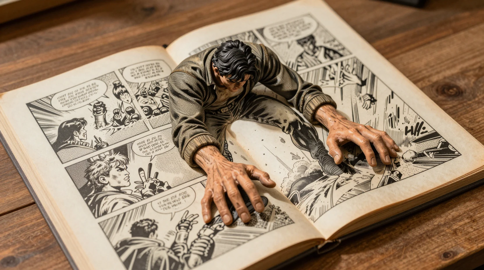 Comic character rising from open book on wooden table