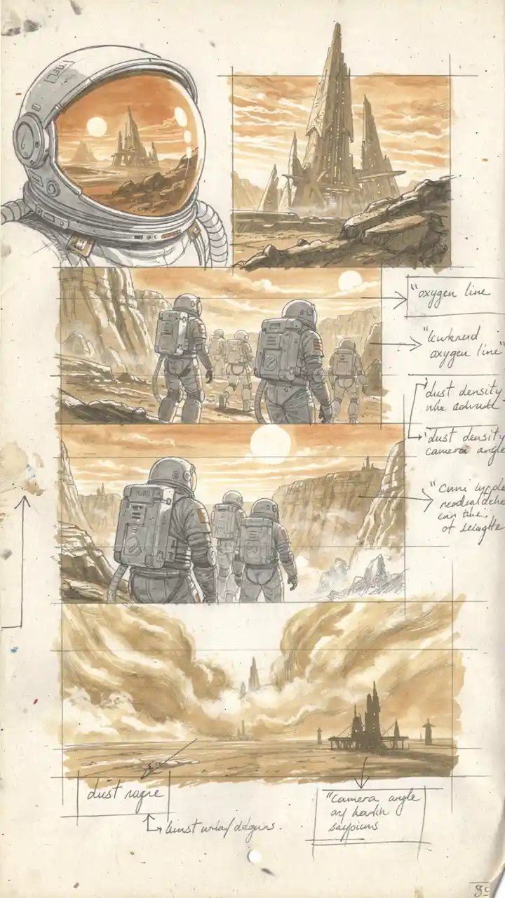 Storyboard sketches of astronauts on a mysterious alien world