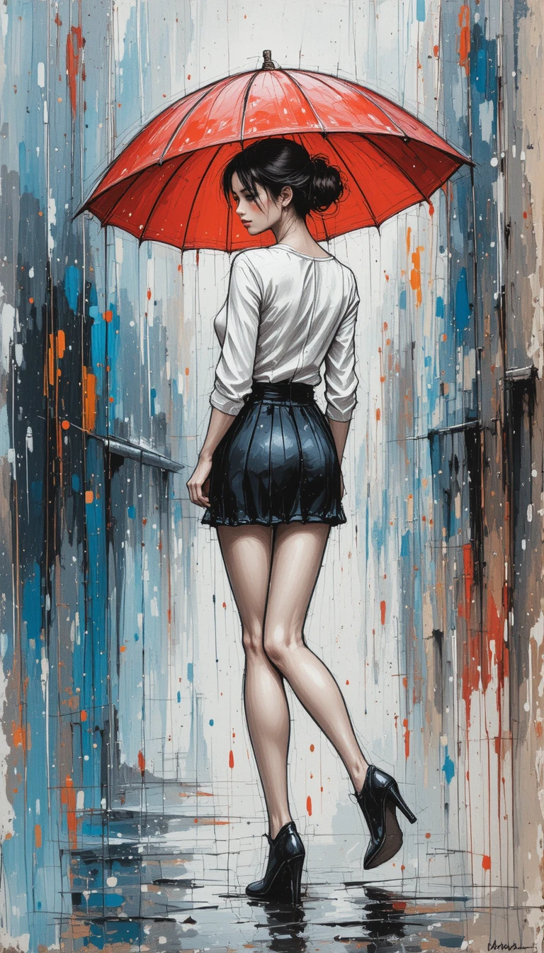 Mulher elegante com guarda-chuva vermelho em rua chuvosa – pintura