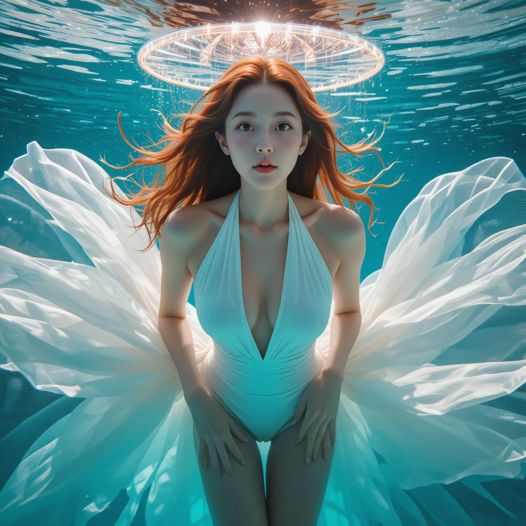 Jeune femme coréenne espiègle en robe blanche sous un projecteur sous-marin