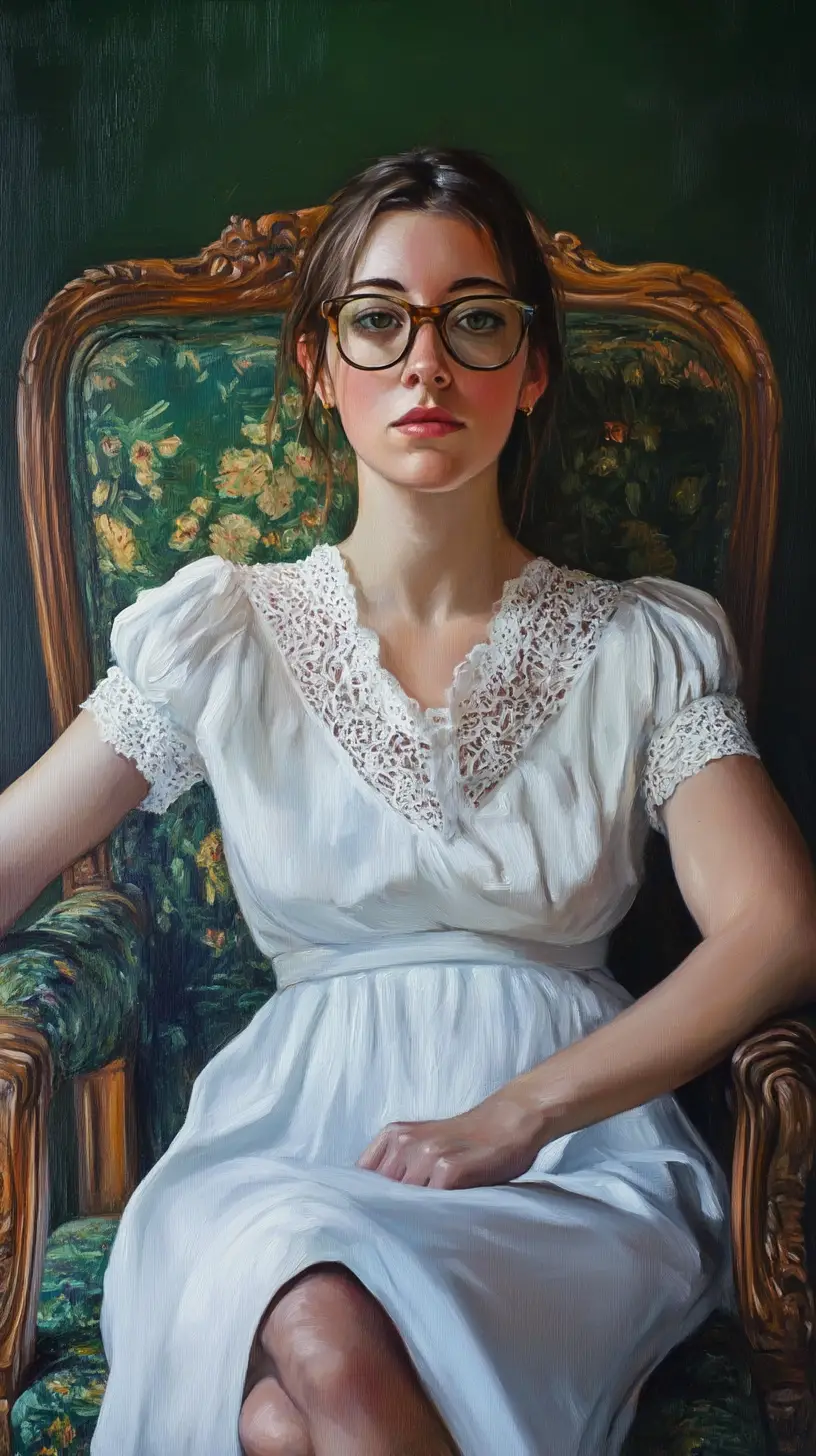Retrato contemporâneo de uma mulher em uma poltrona verde vintage