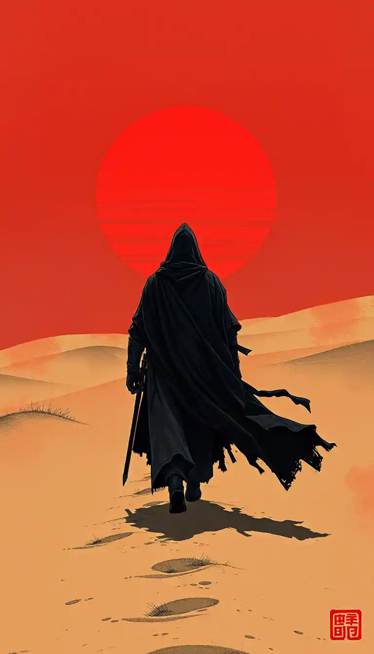 Assassin Walking Alone Across Desert Dunes At Crimson Sunset