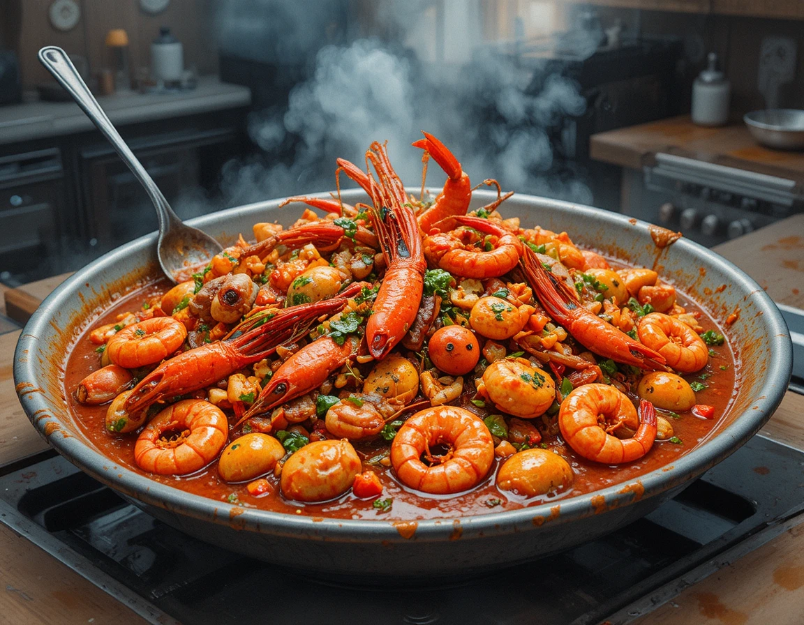 Colorful seafood stew in a large round metal tray
