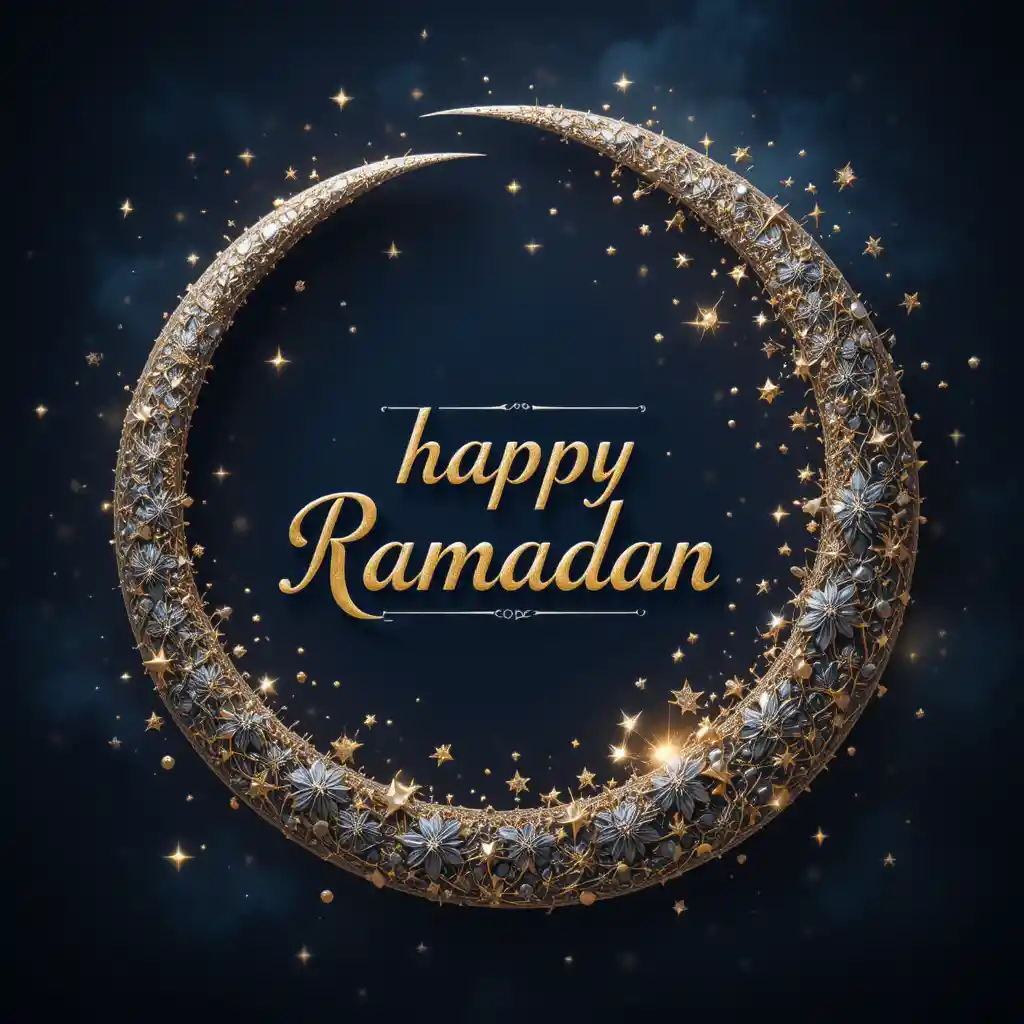 Croissant de lune doré et étoiles avec texte Happy Ramadan