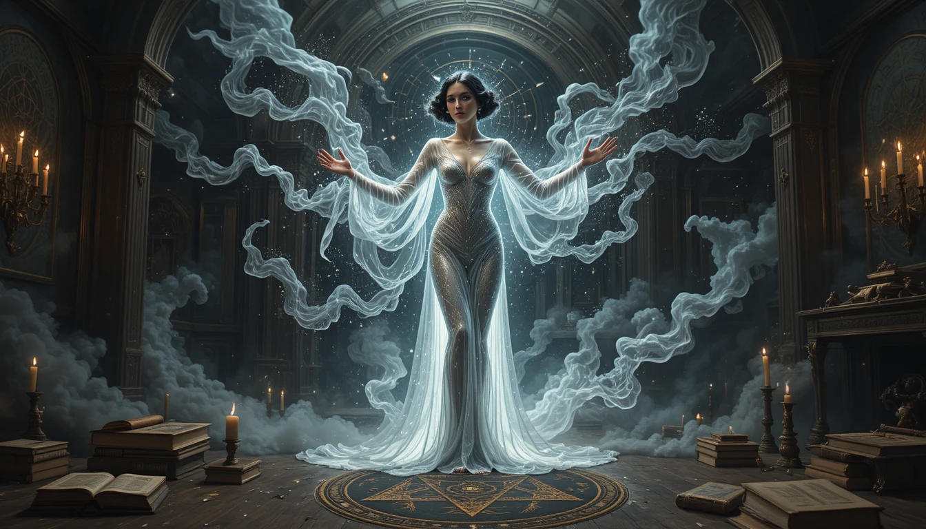 Vintage art deco woman in a starry cosmic scene