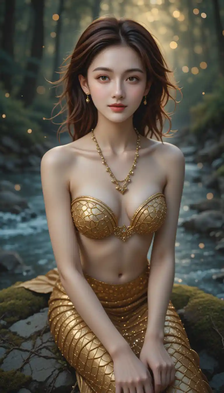 Sirena pelirroja sobre una roca musgosa en el río al atardecer