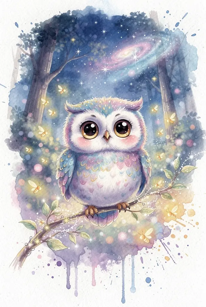 Cute baby owl on glowing branch in magical forest