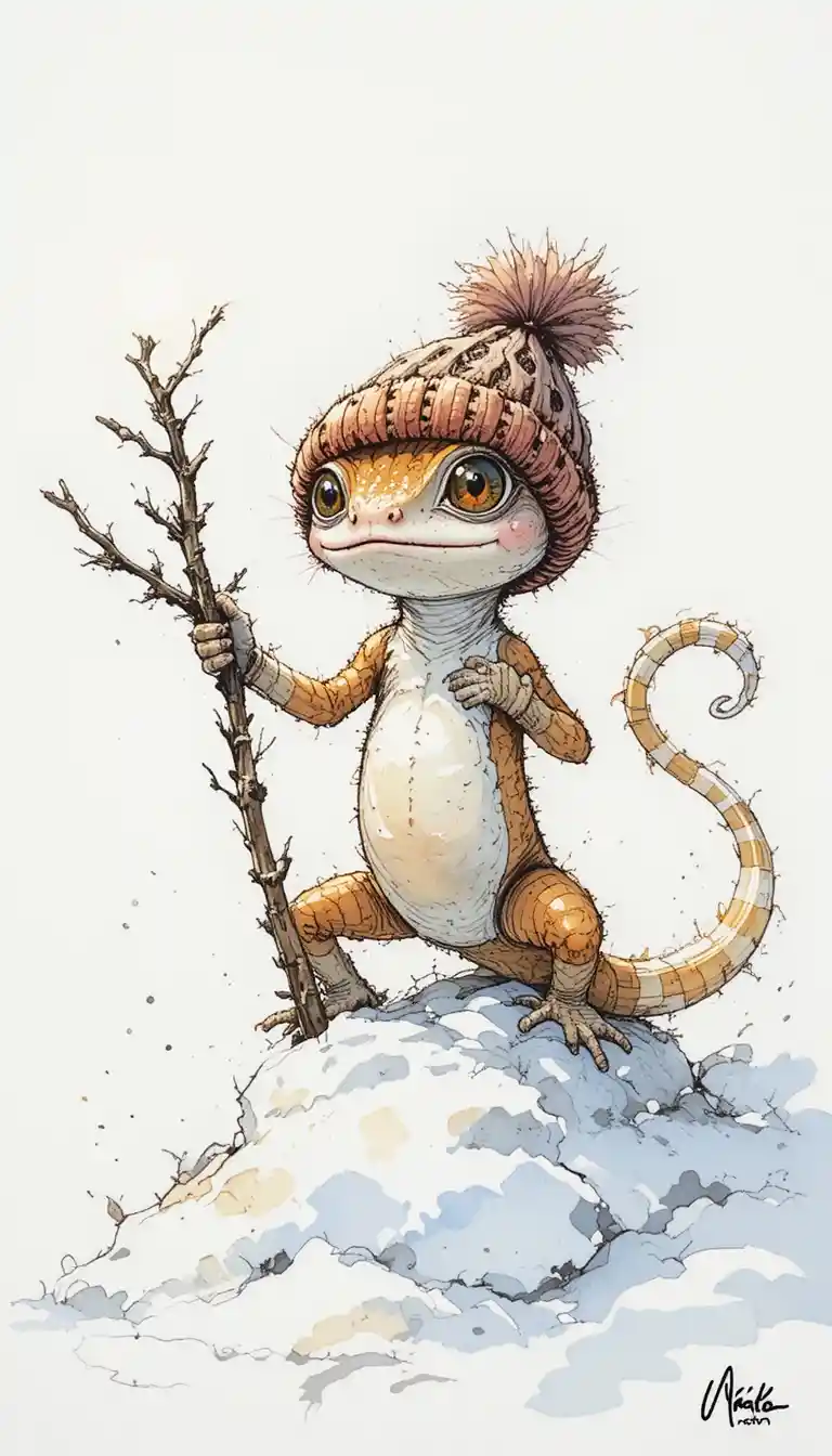 Gecko In Knitted Hat Standing Proudly On Winter Snowdrift