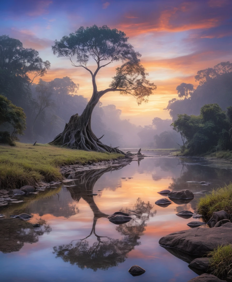 Einsamer geneigter Baum im Spiegel eines ruhigen Sonnenuntergangsflusses