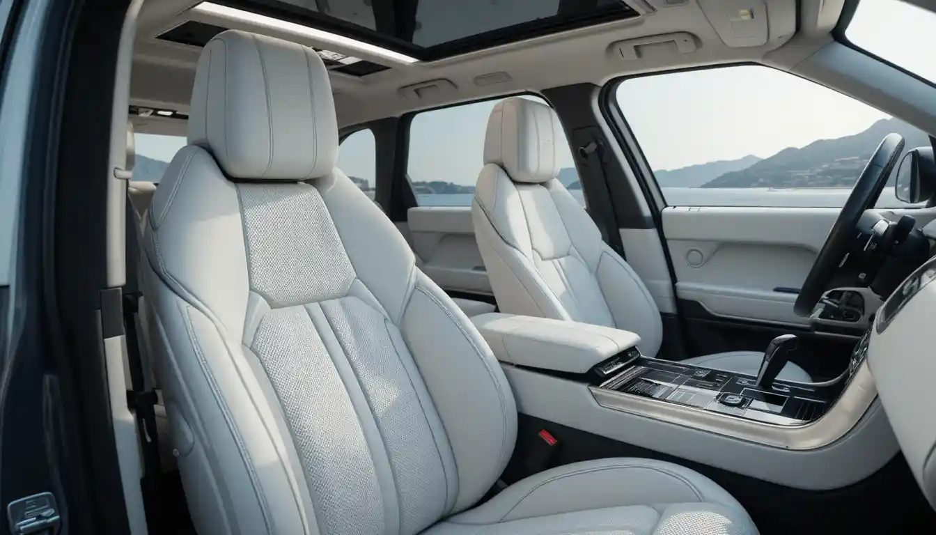 Luxury car front seats in bright leather showroom interior