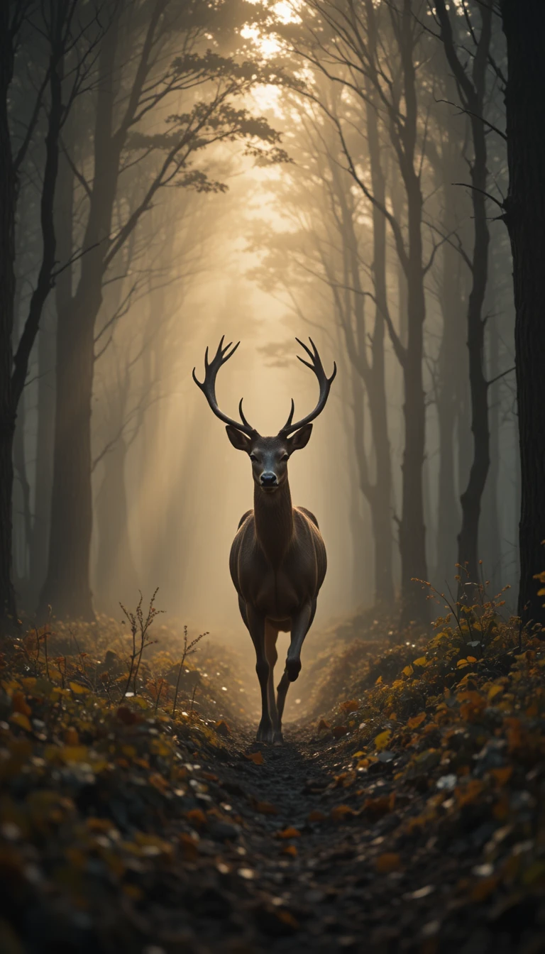 Cervo Correndo por uma Floresta Enevoada ao Amanhecer