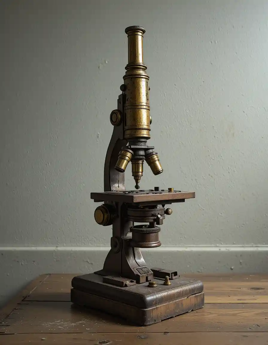 Vintage brass microscope on wooden base against pale wall