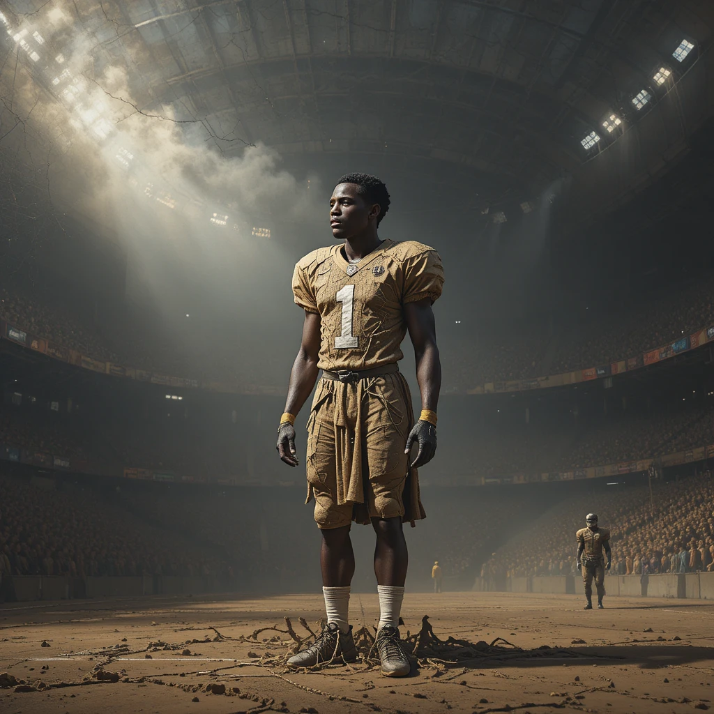 Lone American football player in a dark stadium arena