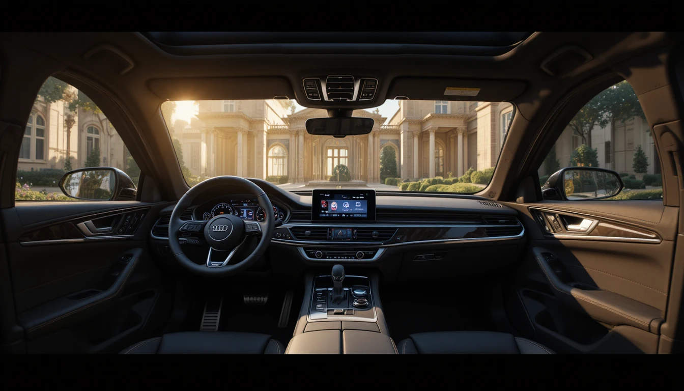 Luxurious car interior with leather seats and soft ambient light