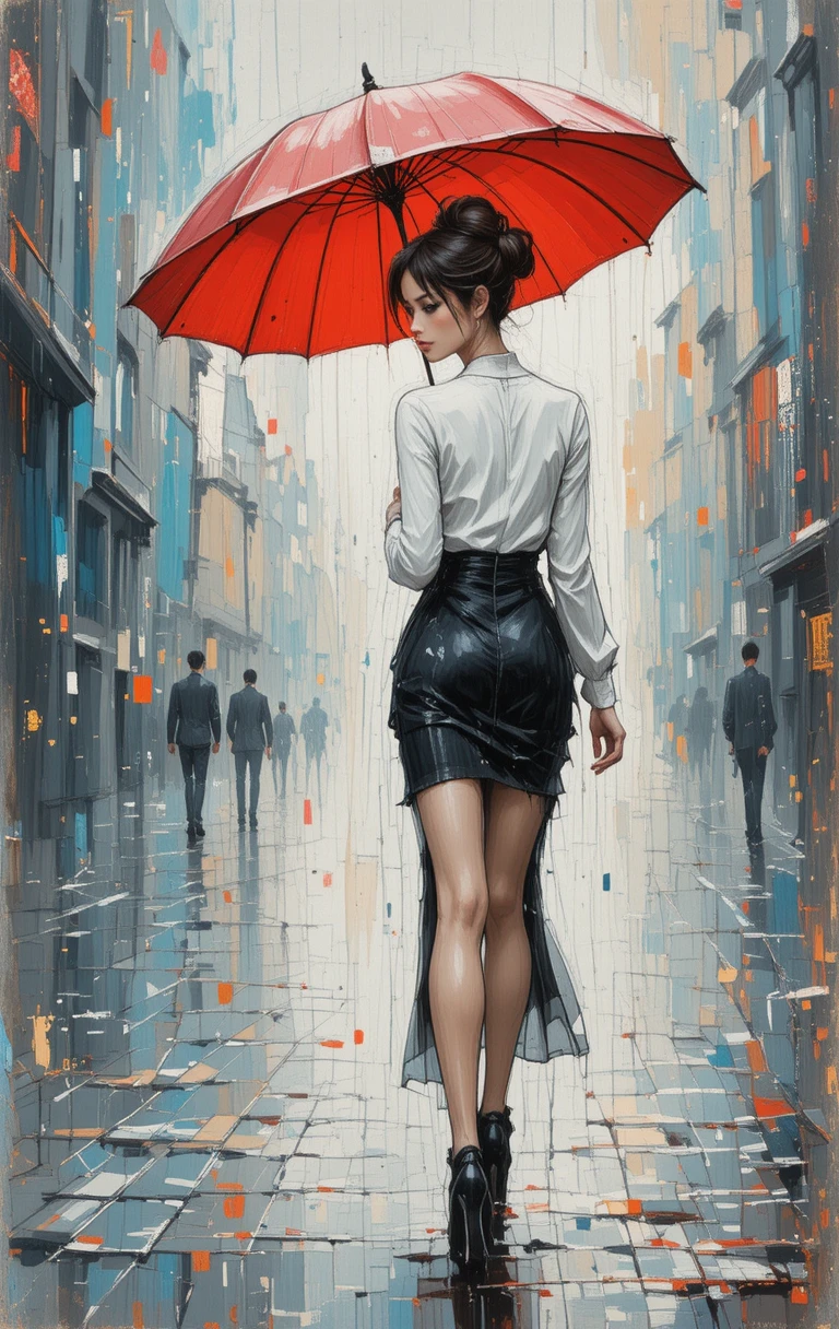 Mulher elegante com guarda-chuva vermelho em rua chuvosa da cidade