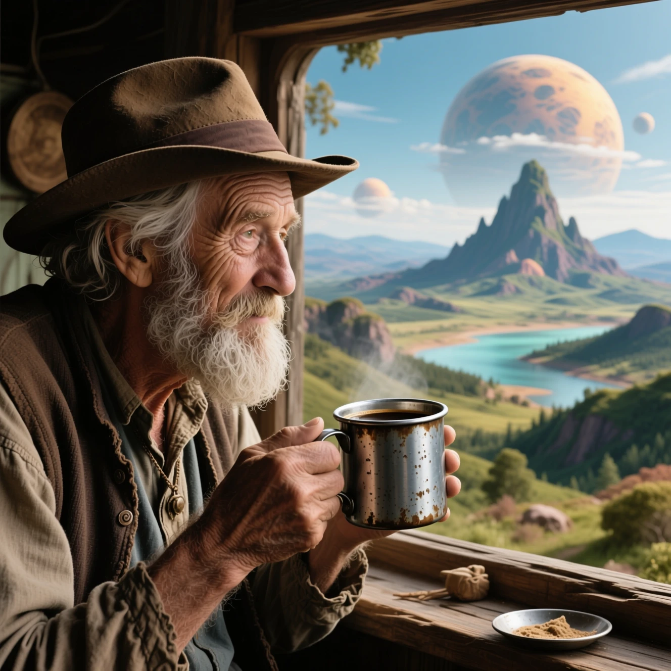 Senhor idoso tomando café enquanto observa uma paisagem surreal de outro mundo