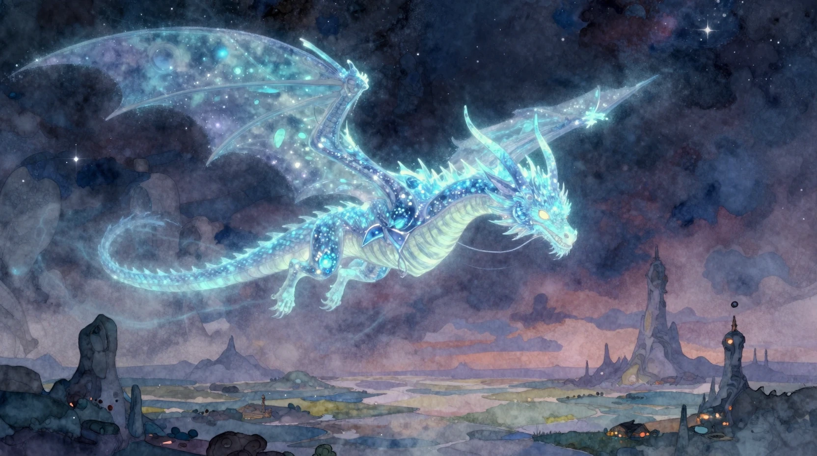Bioluminescent dragon flying above a twilight alien world