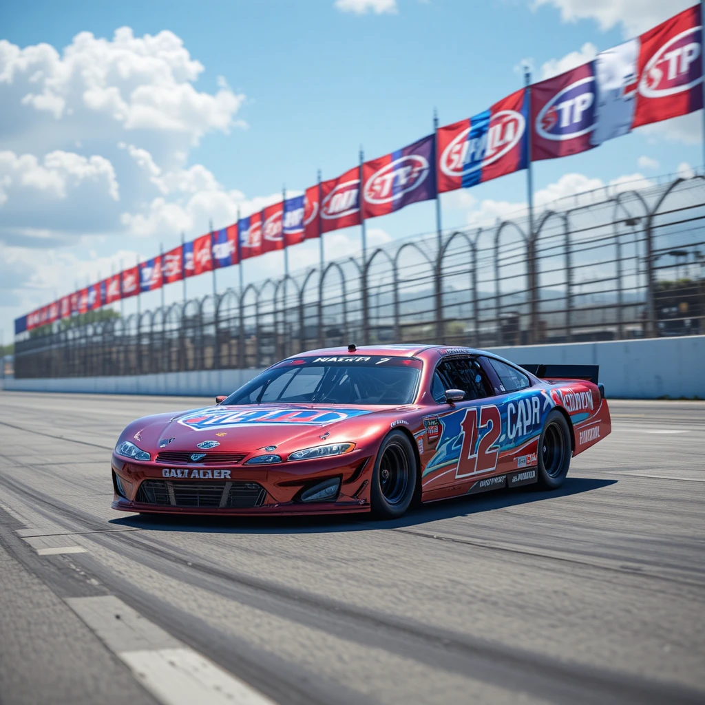 Voiture de course rouge et bleue filant sur le circuit de Daytona