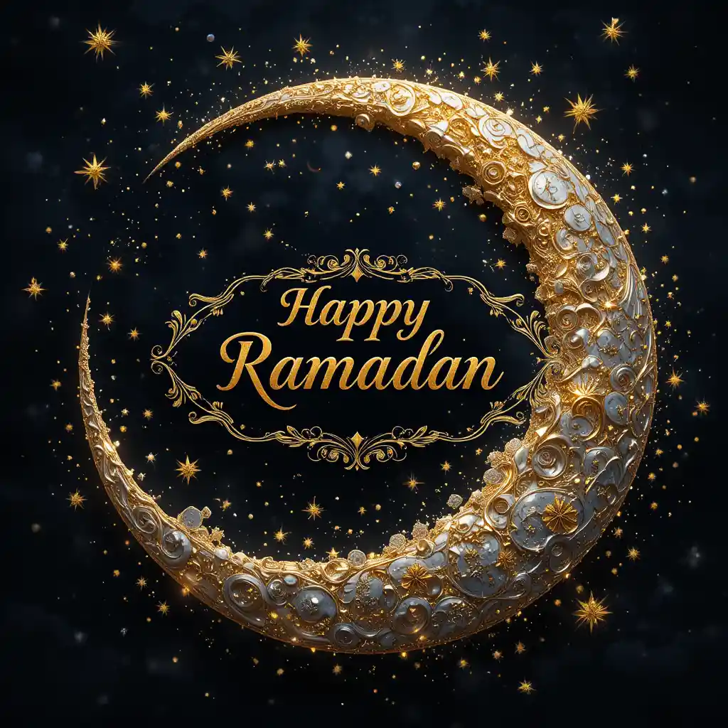 Golden crescent moon with stars and happy ramadan text