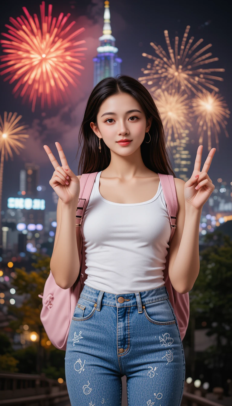 Ragazza asiatica sorridente che posa con segno di pace davanti al Taipei 101