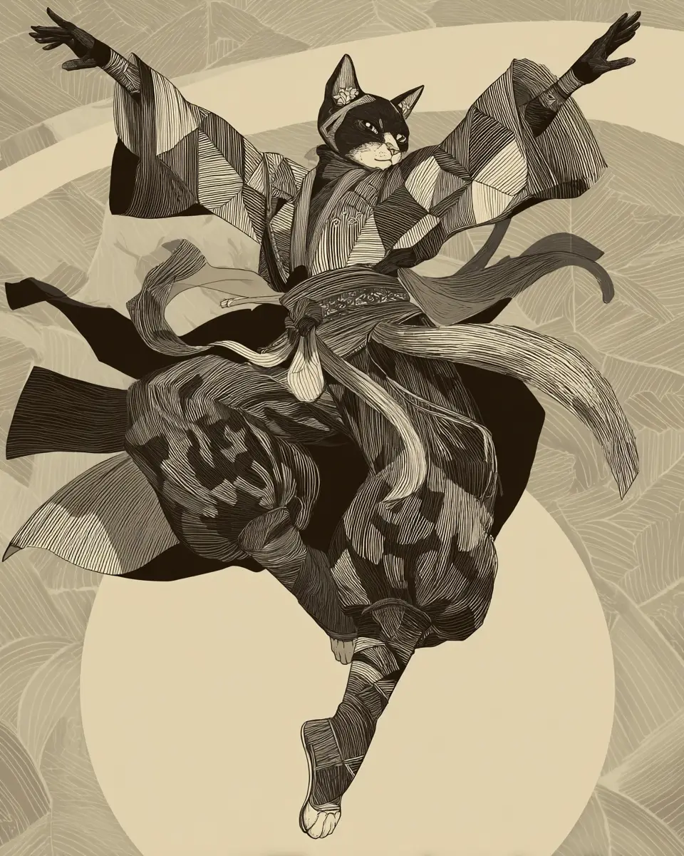 Dynamic ukiyo e cat dancer in flowing ethnic costume