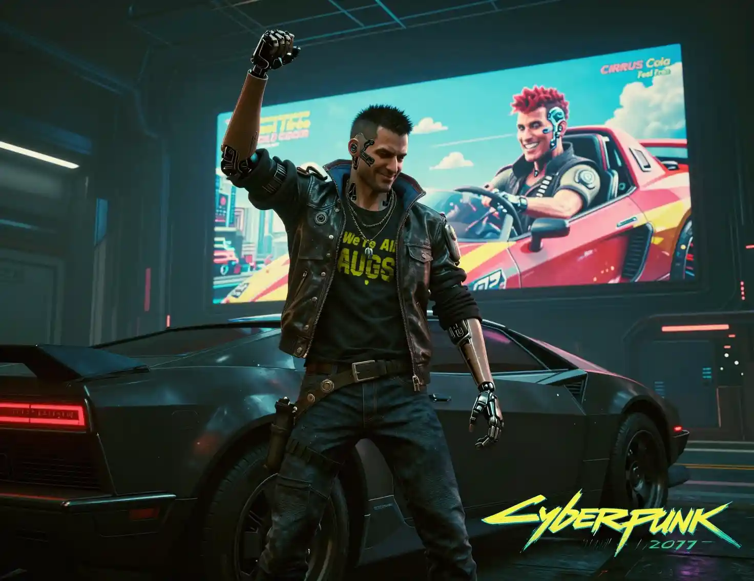 Erweiterter Cyberpunk-Mann posiert vor futuristischem Auto