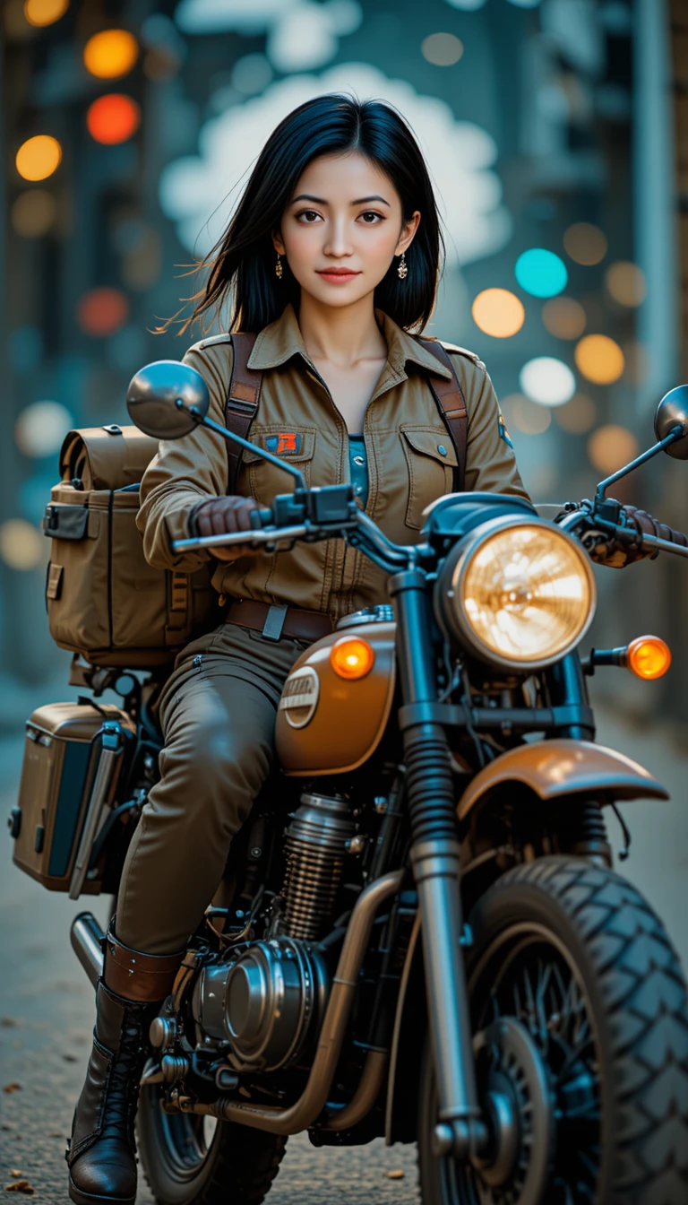 Mulher japonesa sorridente pilotando moto off-road em estilo pop art