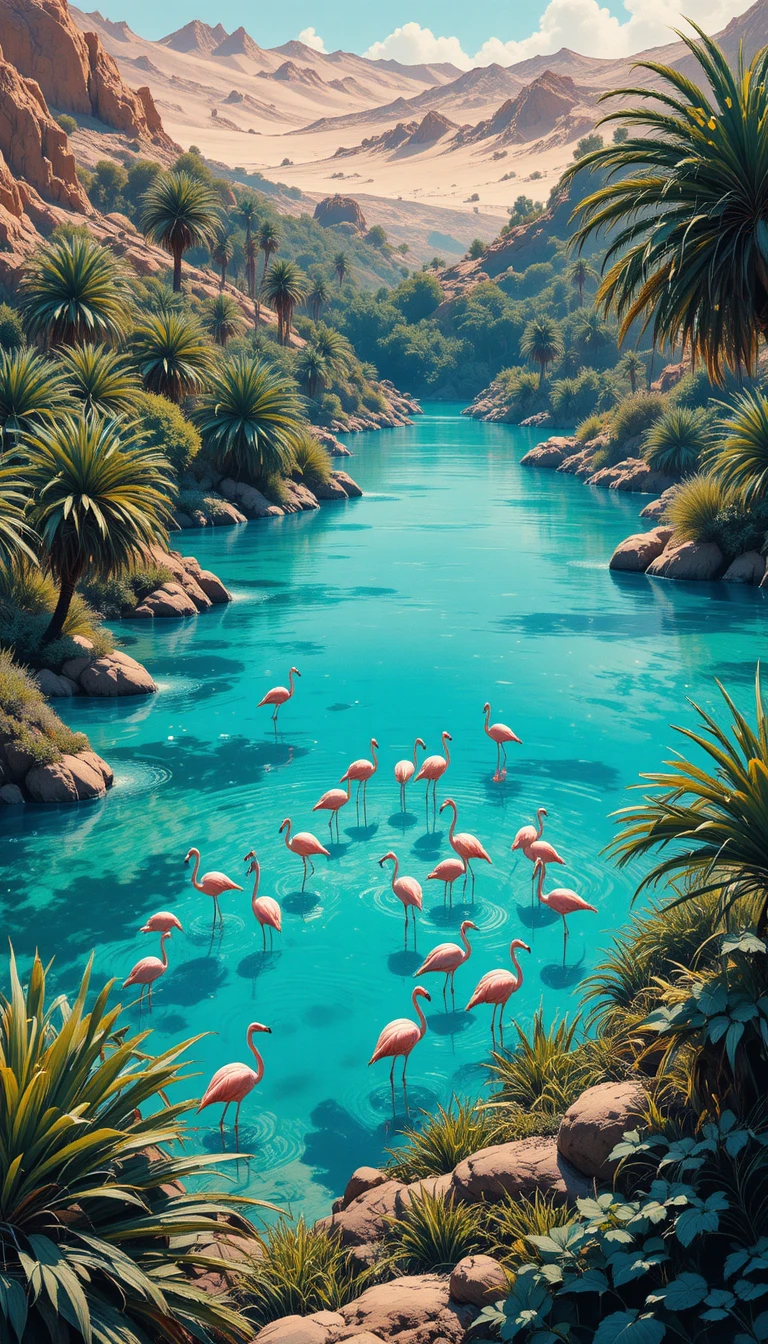 Vista aérea de flamingos em um oásis exuberante no deserto