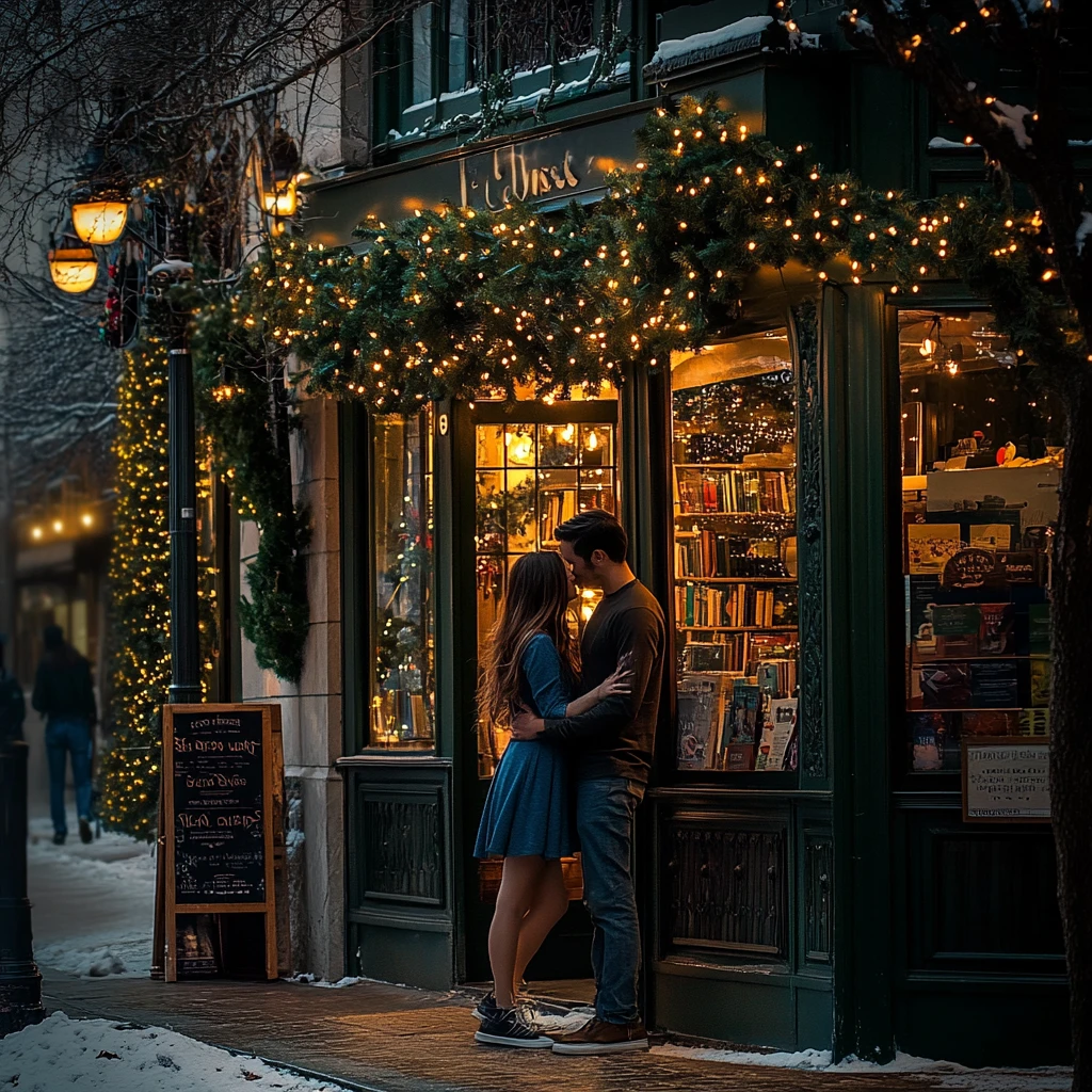 Pareja romántica frente a una acogedora cafetería-librería en Navidad