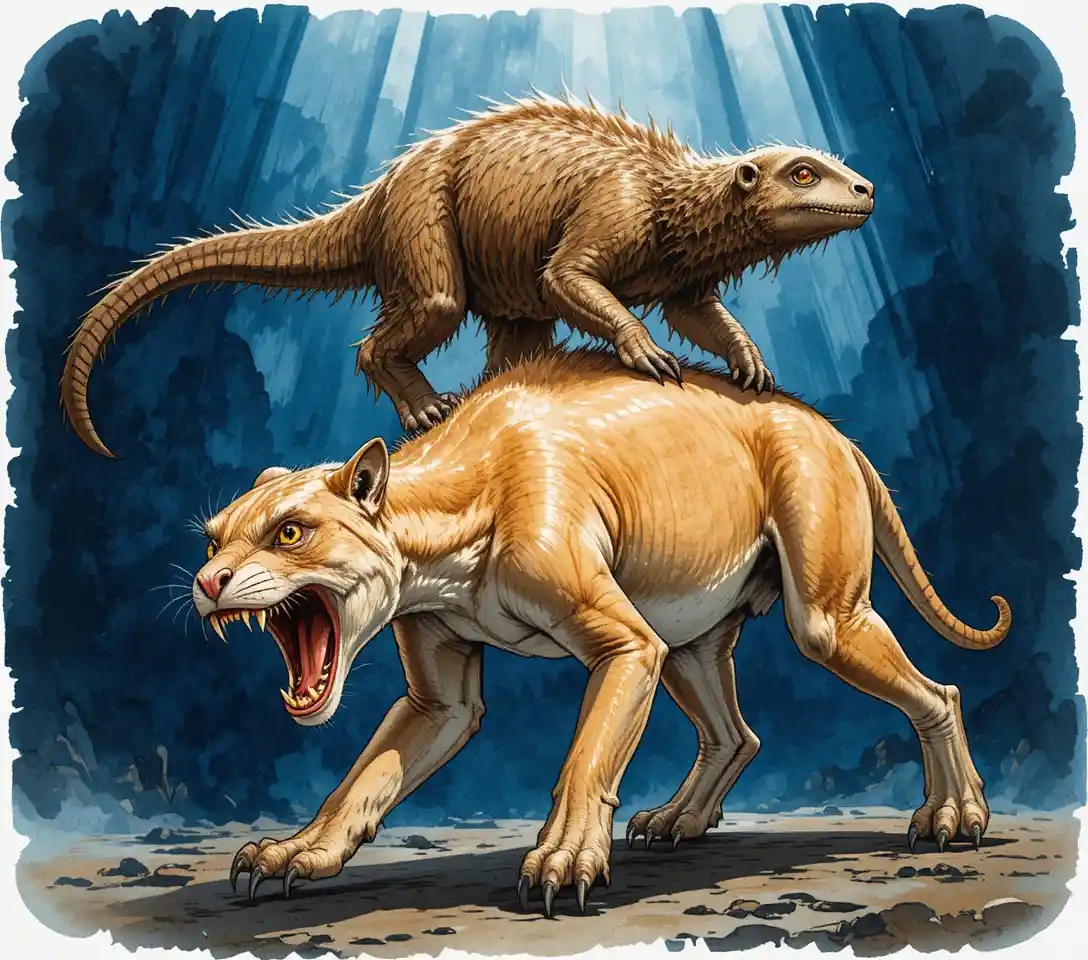 サーベルタイガーと巨大ナマケモノのドラマチックなイラスト