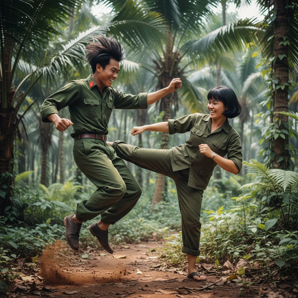 Brincadeira de luta entre soldados vietnamitas rivais na selva