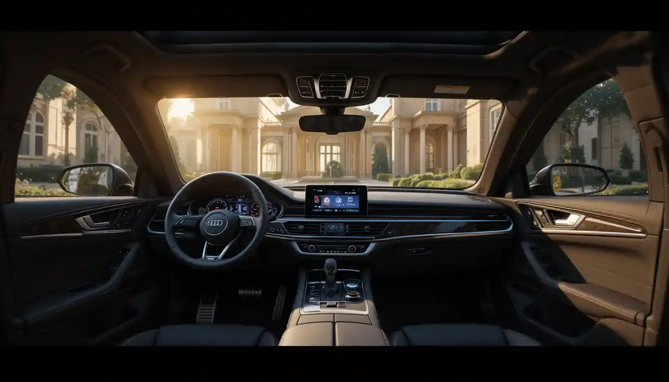 Luxurious car interior with leather seats and soft ambient light