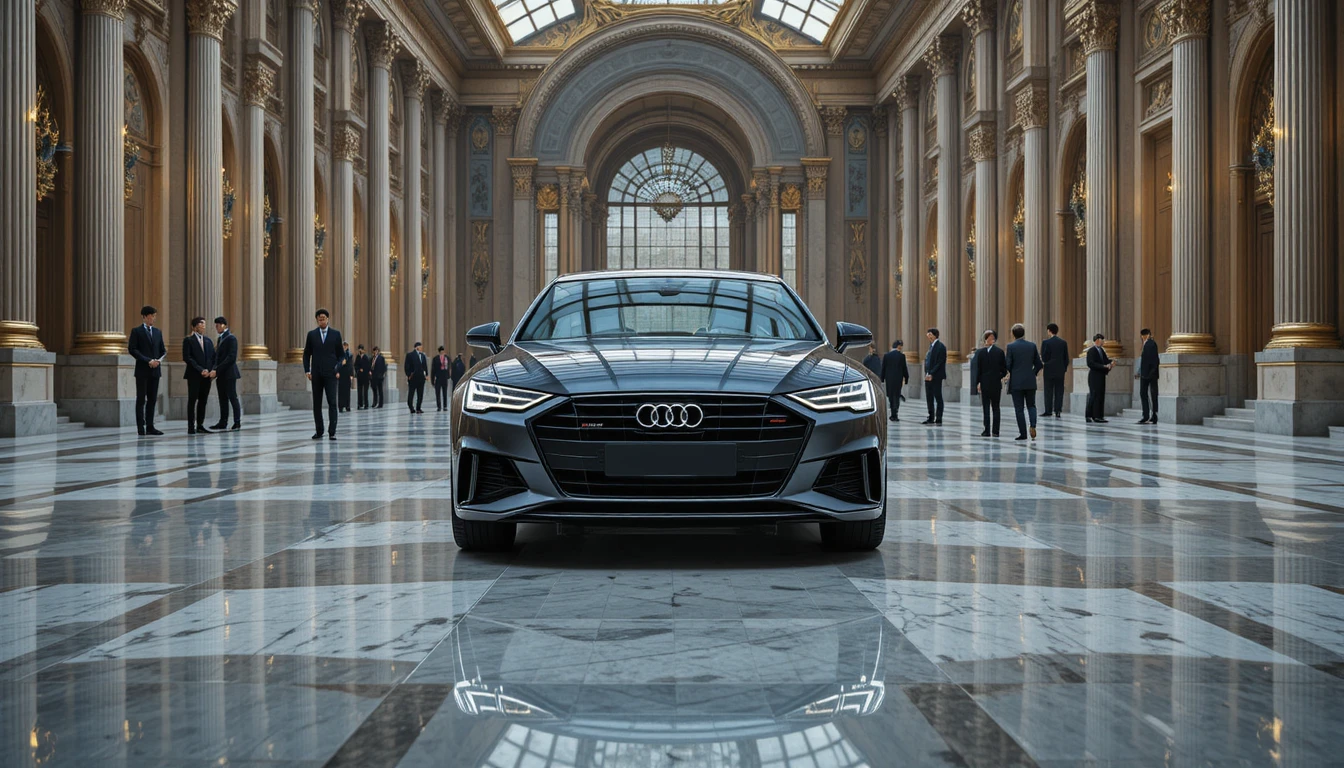 Carro de luxo cinza-escuro em um grande salão de palácio