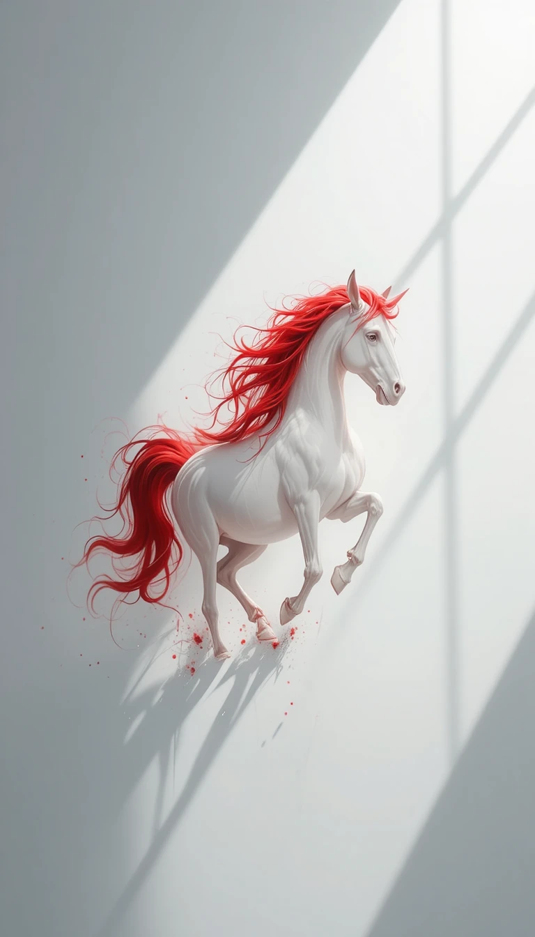 Minimal white silhouette of a horse with vivid red hair
