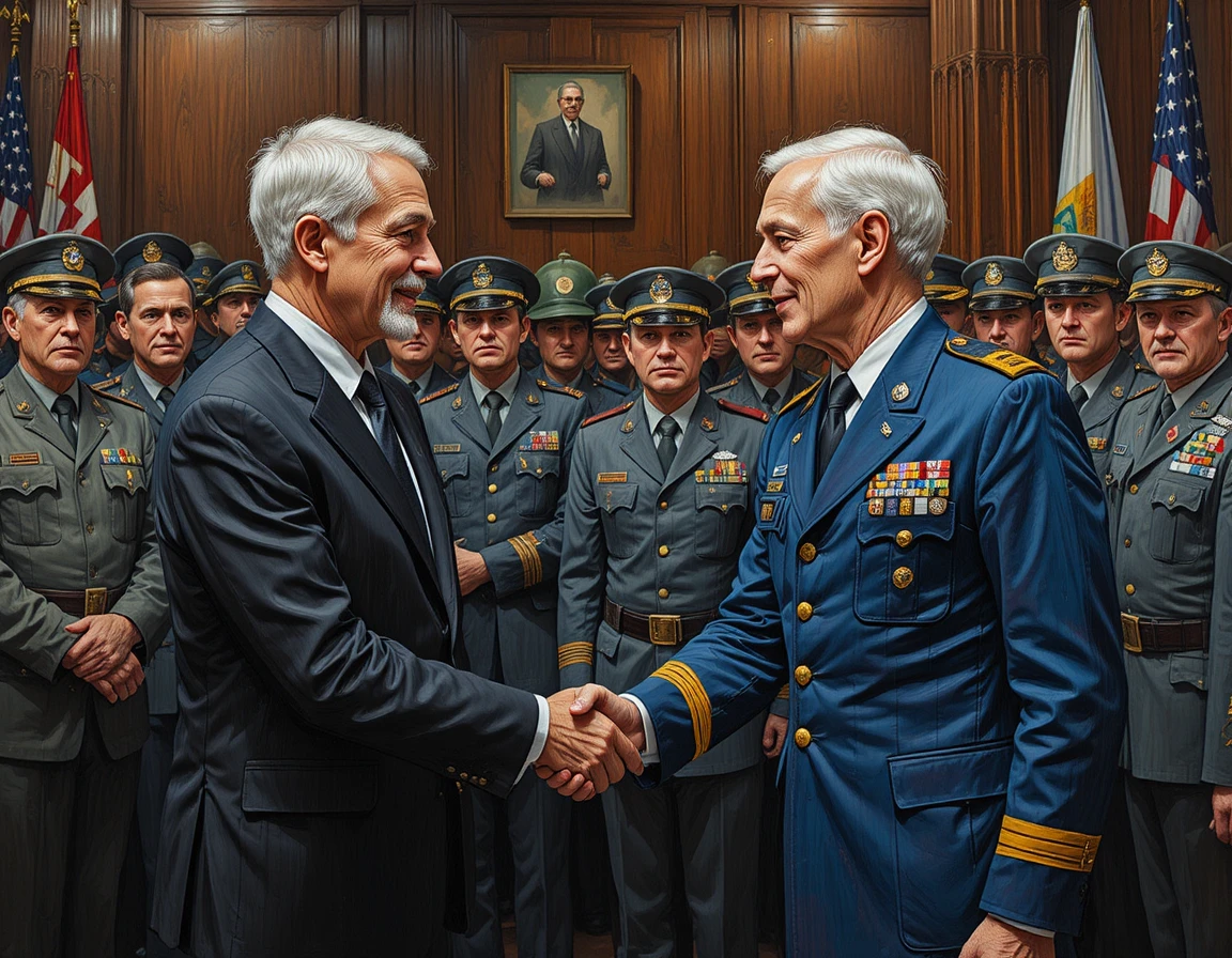 Businessman shaking hands with decorated military officer indoors