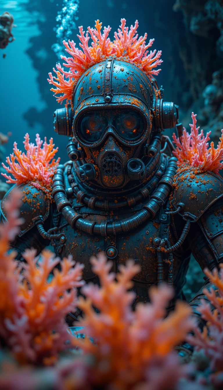 Surreal underwater knight in coral encrusted diving armor