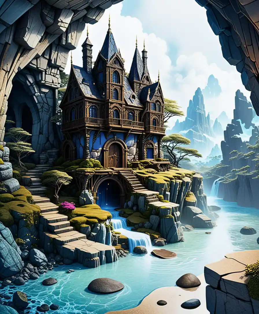 Casa mística de piedra en cueva con vista en corte de su cálido interior